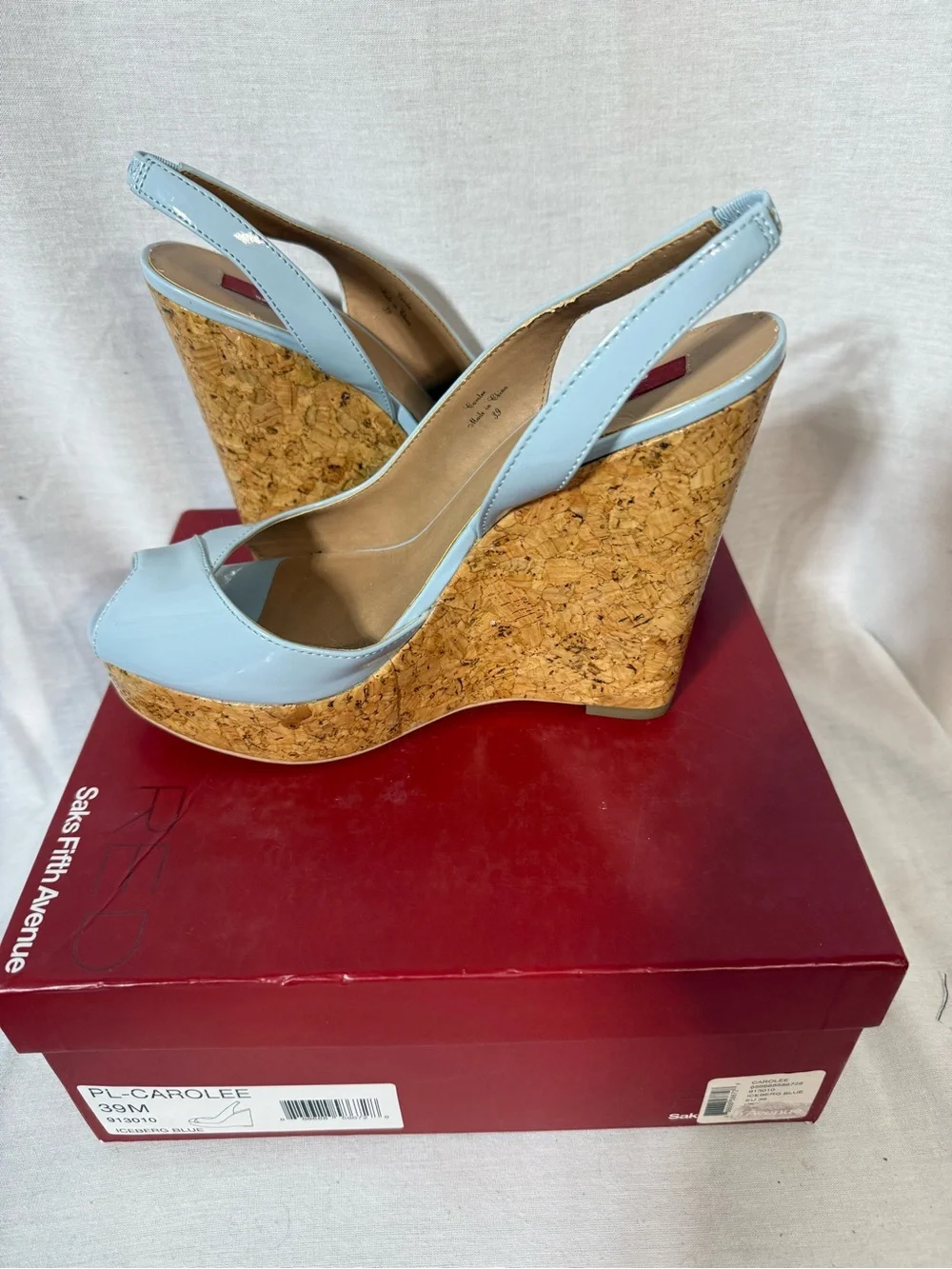 Saks Fifth Avenue Pale Blue Patent Slingback Peep-Toe Heels Size 9